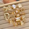 15Pcs Gold Color Bow Pearl Ring Set For Women Irregular Lava Texture Chunky Bow Knot Pearl Inlaid Finger Ring Trendy Jewelry New