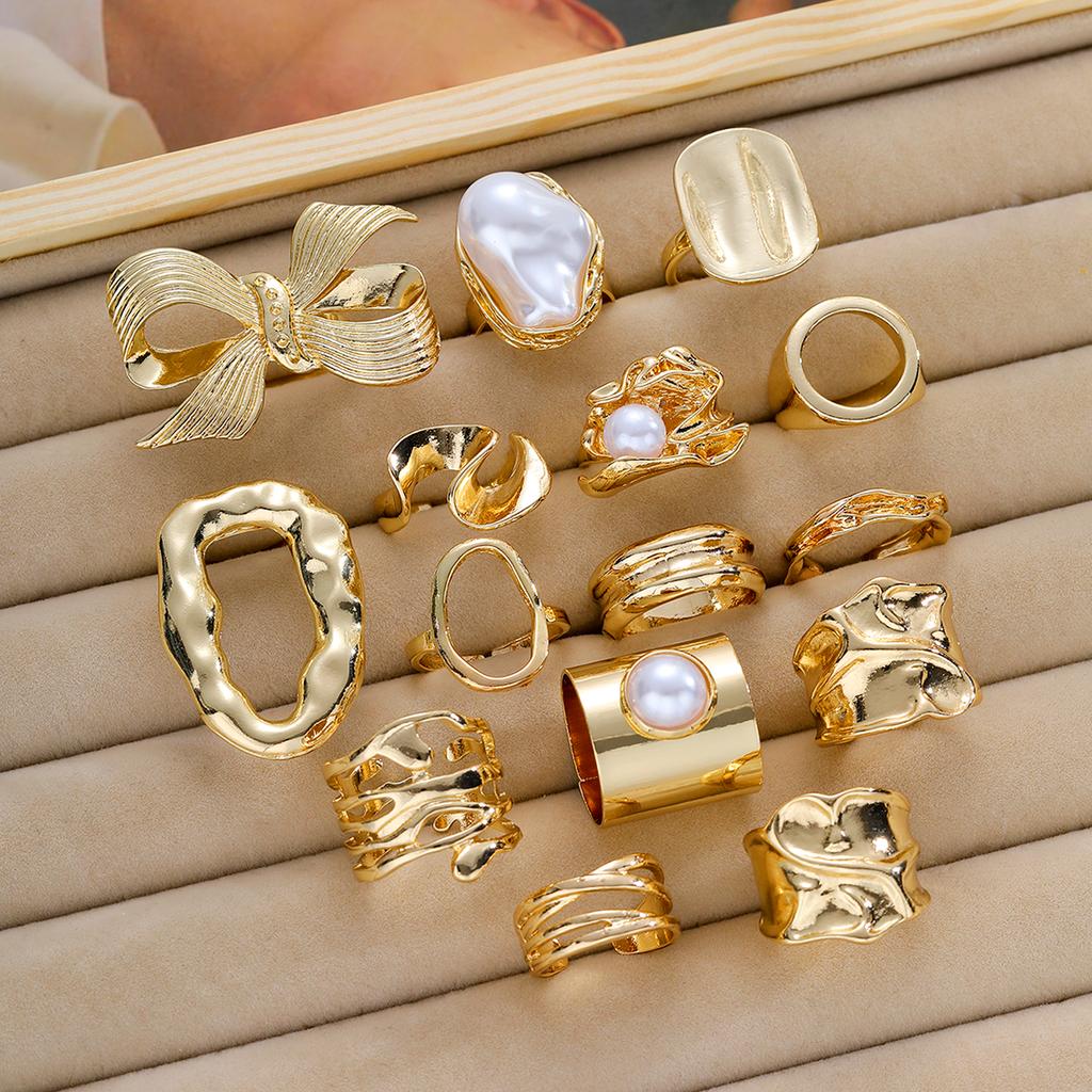 15Pcs Gold Color Bow Pearl Ring Set For Women Irregular Lava Texture Chunky Bow Knot Pearl Inlaid Finger Ring Trendy Jewelry New