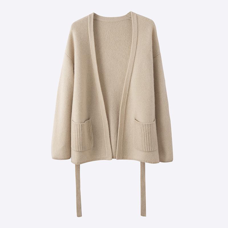 V-neck Medium and Long Cardigan Women's Autumn and Winter Models with Loose Belt Sweater Wool Knitted Jacket