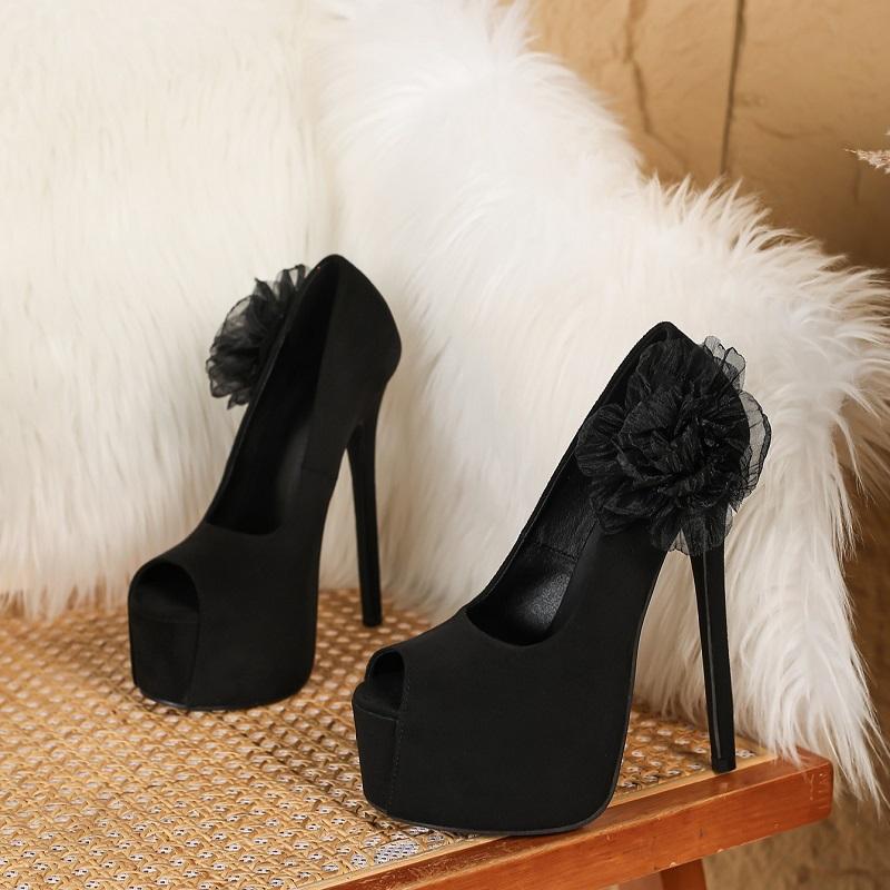 Pesstwei Open Toe Platform Women Pumps Sexy Ultra Stiletto High Heels Party Stripper Shoes Designer Flower 35 чёрный