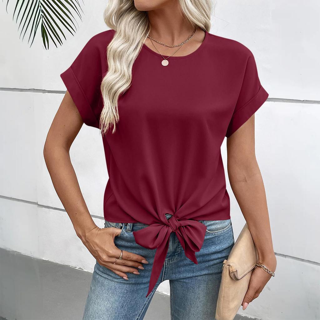 Dámské ležérní a elegantní tričko s krátkým rukávem a mašlí v boho barvě