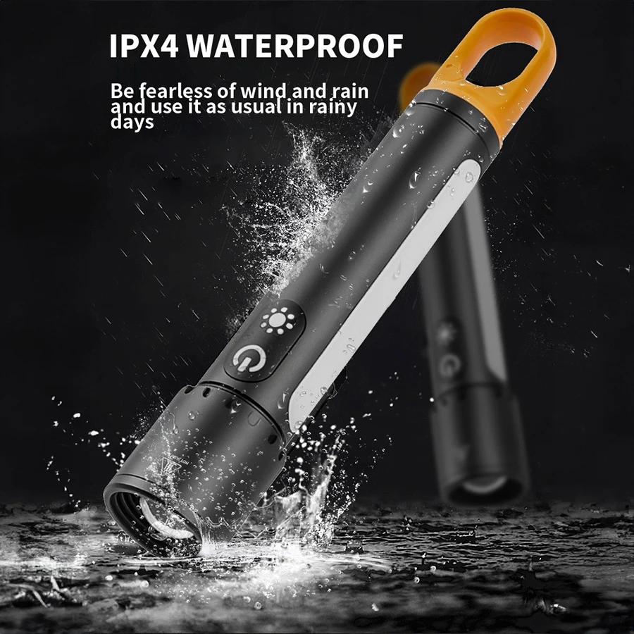 New Multifunctional Flashlight with Side Floodlights Telescopic Zoom Outdoor Portable LED Flashlight Carrying Tail Hook