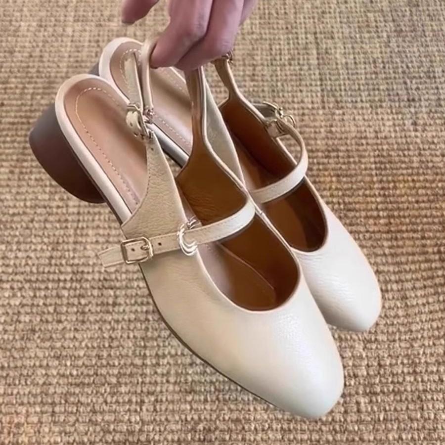Super soft lambskin~ French bag head sandals women's summer with skirt retro word with thick heel Mary Jane single shoes