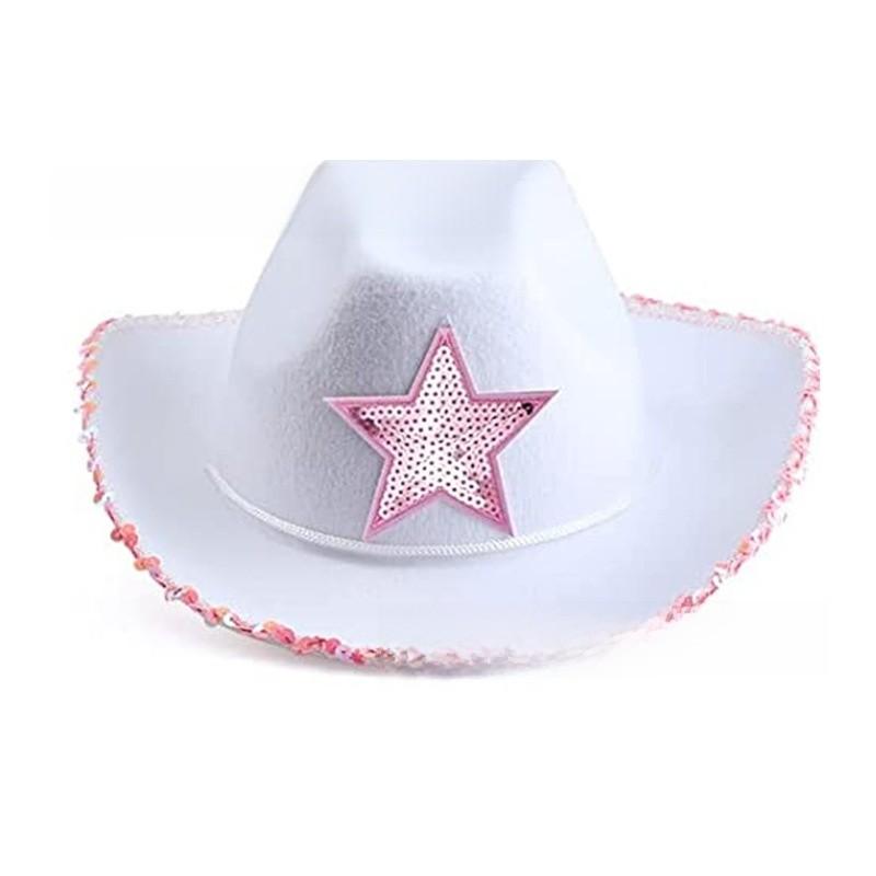 Rosa Stoff-Cowboyhut mit Sternverzierungen und leuchtender Krone für Partykleidung und Geschenke