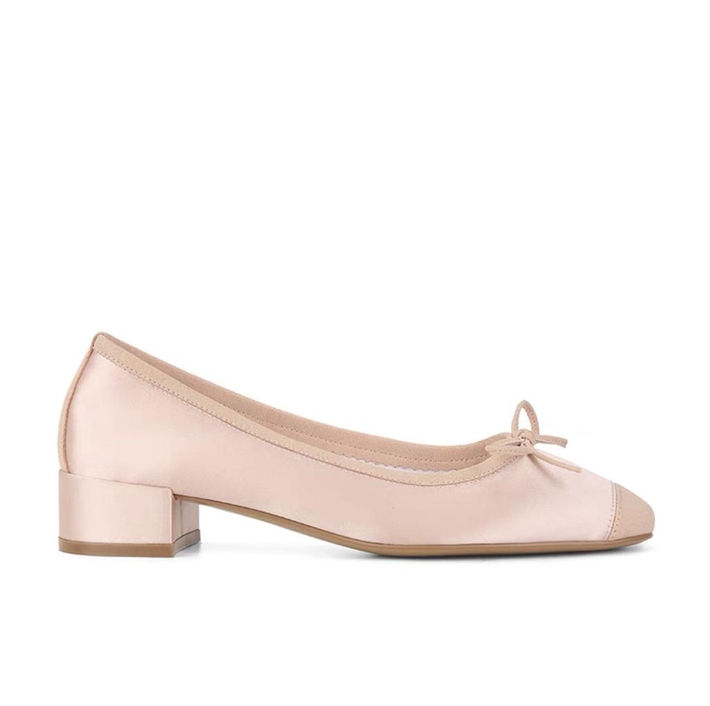 Pigskin Version, French Bow Medium Heel Flat Bottom Shallow Mouth Single Shoes Women's Ballet Shoes