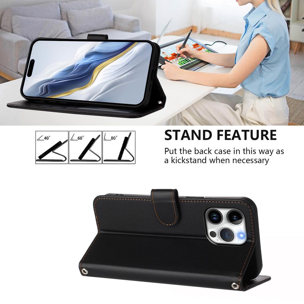 For iPhone 16 Pro Max Leather Case Wallet Stand Phone Cover with Wrist Strap