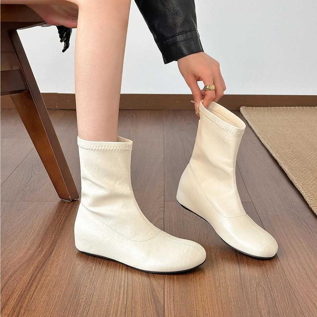 0000 New White Korean Version Temperament Flat Bottom Inner Height Increasing Short Boots Women's Gentle Wind Round Head Soft Leather Elastic Thin Bo