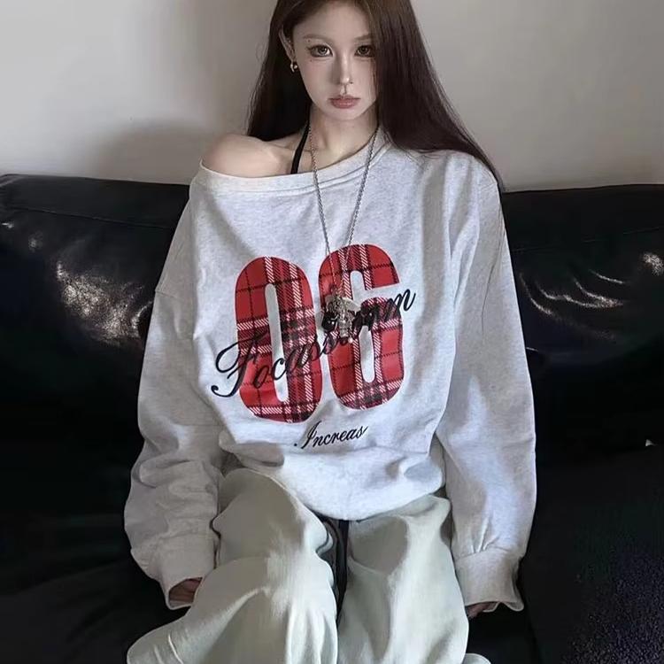 Y2K Sport Casual Oversize Hoodies Women Long Sleeve Sweatshirt Off Shoulder Top Back School Vintage Basic Tees Autumn Winter