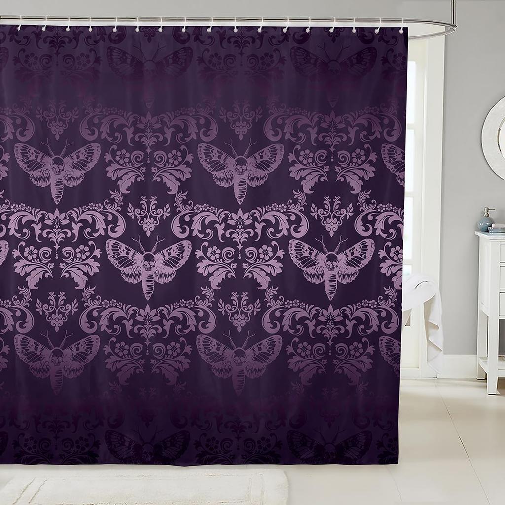 Vintage Boho Damask Floral Bathroom Curtain,Bohemian Exotic Goth Shower Curtain Victorian Baroque Flower Shower Bathtub Decor