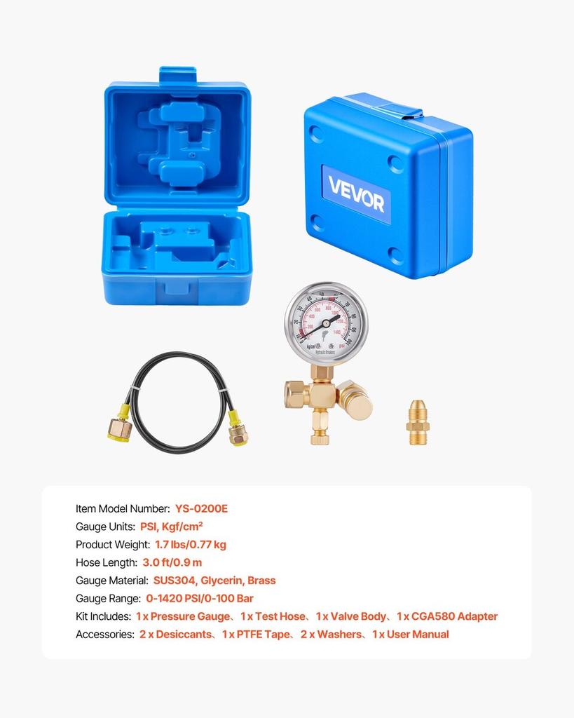 Hydraulic Nitrogen Accumulator Charging Kit, 0-100 Bar Nitrogen Fill Kit, Pressure Test System with 1 Pressure Gauge, 1 Gas Hose, 1 Valve Body and 1