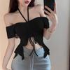 Summer Irregular Neck Collar Off-the-shoulder T-shirt Women's Fashion Chic Drawstring Strap Pleated Spice Top Ins