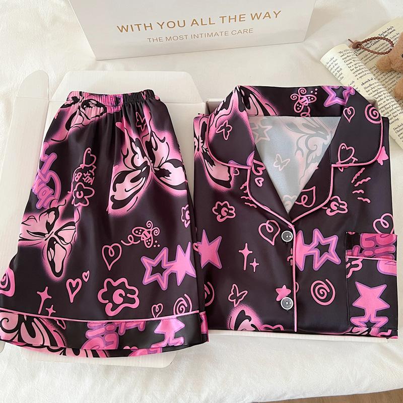 Sweet And Cool Girl Ice Silk Pajamas Women'S Summer Butterfly Print Short-Sleeved Loose Loungewear Set