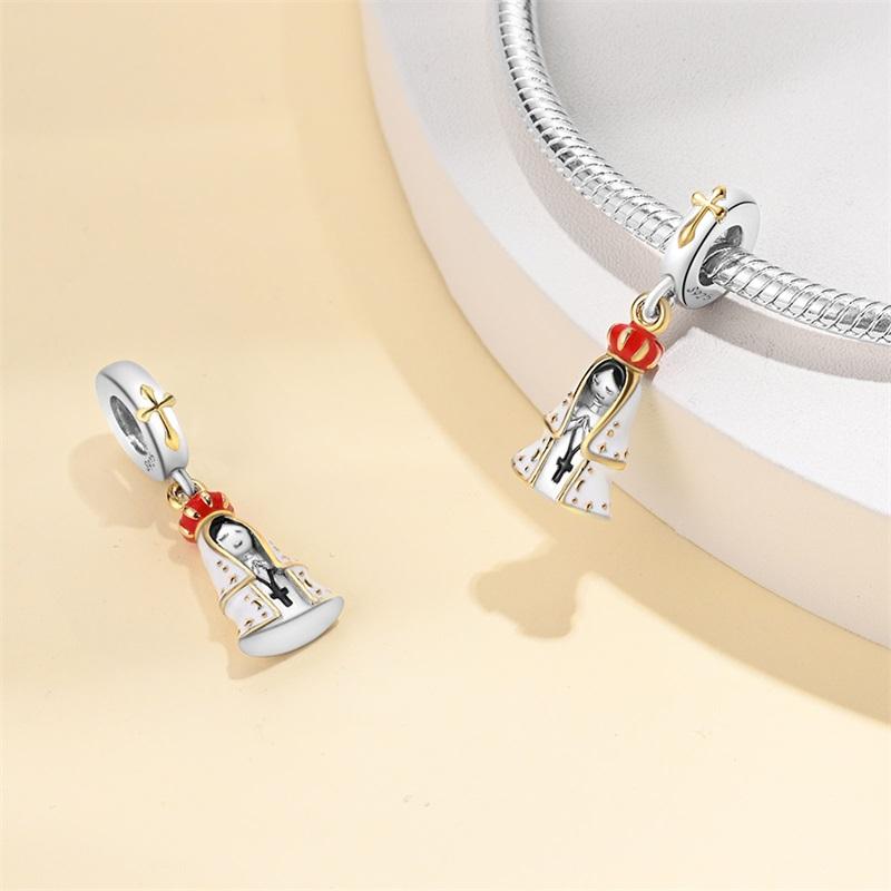 100%Stering White Madonna Of Brazil Charms Beads Virgin Pendant Fit Original Bracelet Diy For Women Jewelry