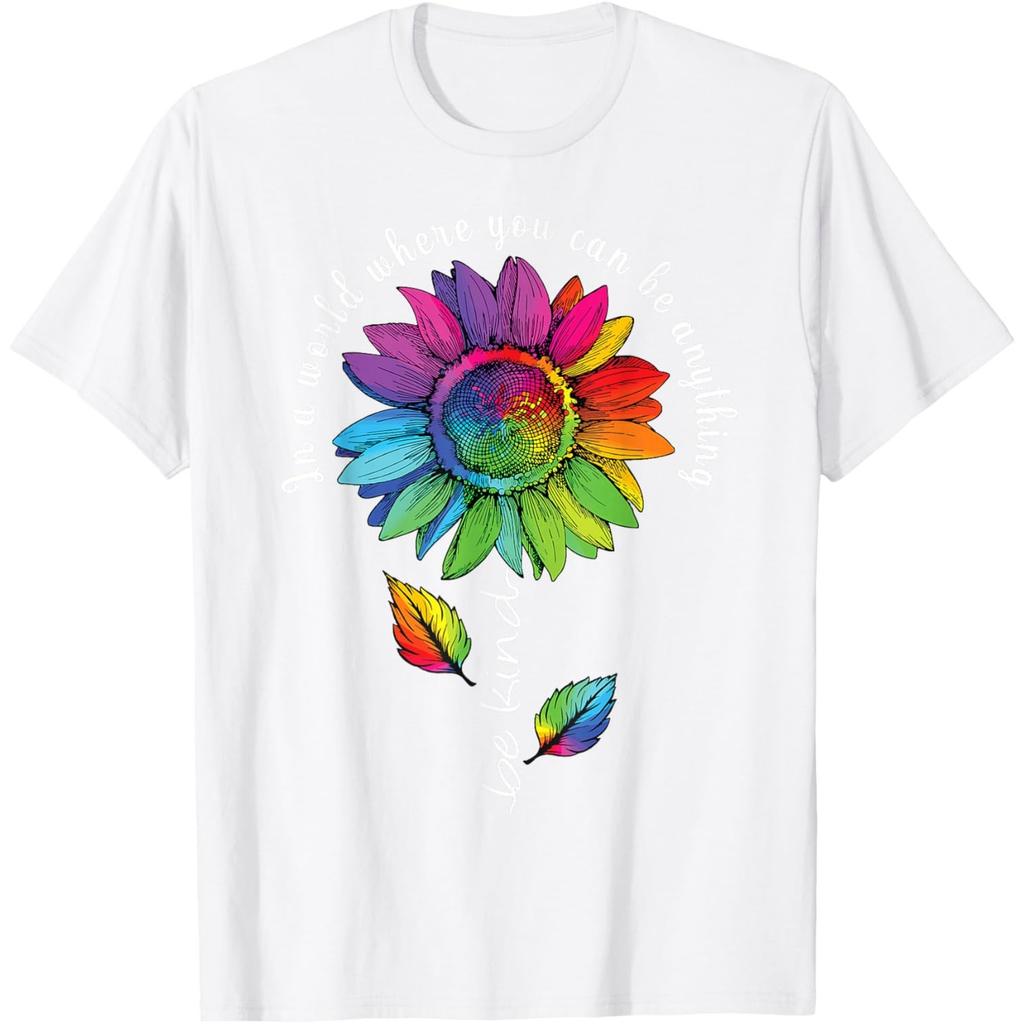 Rainbow Sunflower Be Kind Autism Awareness Graphic Tee Casual Cotton T-Shirt Unisex
