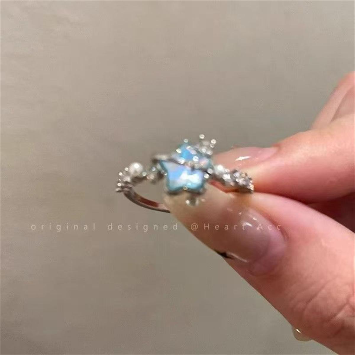 

New Blue Planet Star Moon Rings for Women Zircon Rhinestone Pearl Open Finger Rings Sweet Party Y2K Jewelry 2000S Girls Gifts resizable