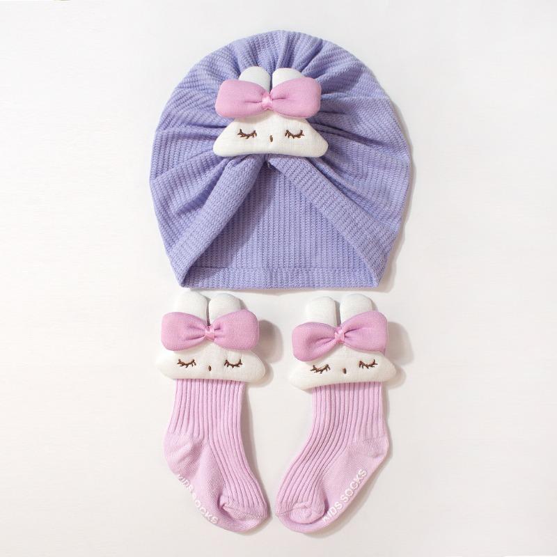 New children's hat set, cute solid color bunny baby stockings, soft hat sock cover