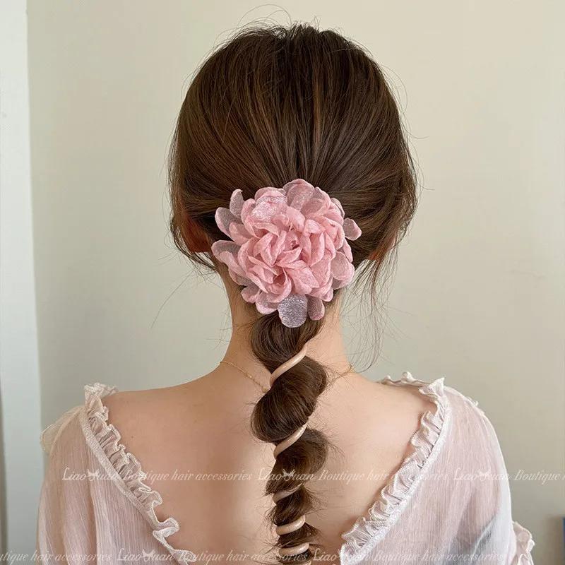 Süße Atmosphäre Haaraccessoires Damen Romantisches gerades Telefonlinien-Bubble-Zopf-Stoff einfarbige Blumen Haargummi