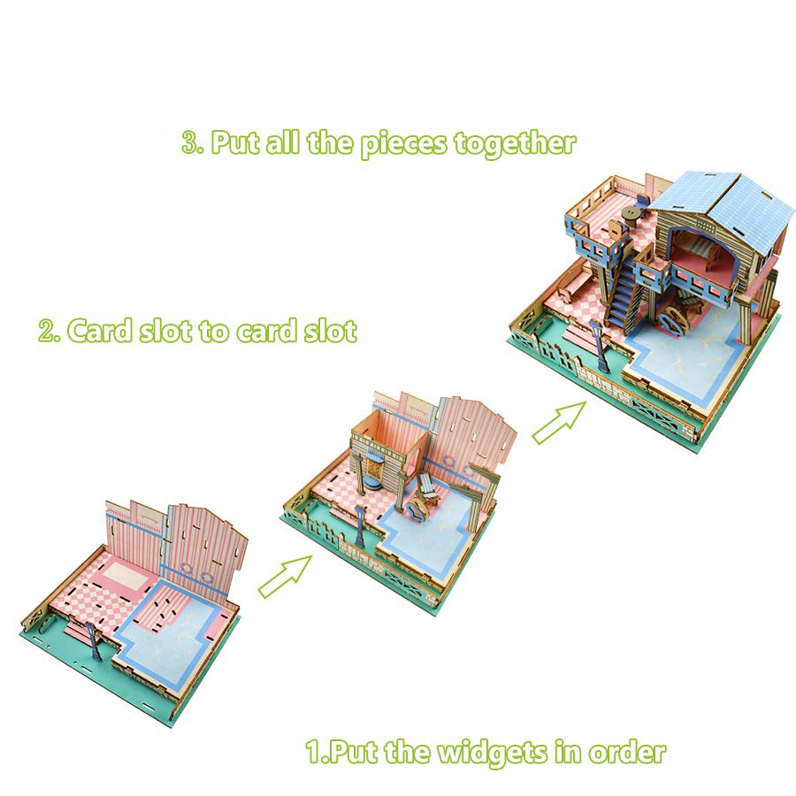 3D Wooden Puzzle Toys Jigsaw Architecture House Coffee Shop Cafe House DIY Assembly Building Model Kit Kids Educational Wood Toy