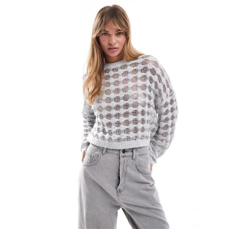 Foreign Trade Original Order Tail Goods British As Mesh Dot Perspective Loose Short Women Knitted Sweater Long Sleeve Top