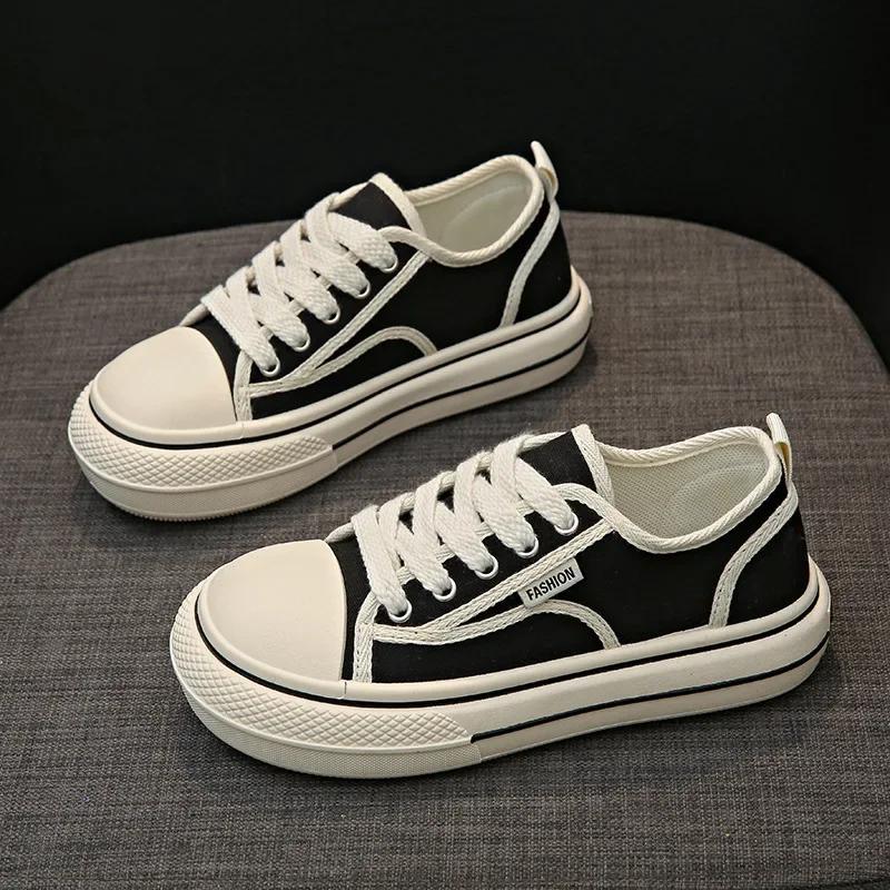 

Женские парусиновые туфли 2024 Весна Студенческие кроссовки на толстой подошве Повседневные на шнуровке С мелким вырезом Плоские кеды для тенниса Дизайнерские 40 чёрный