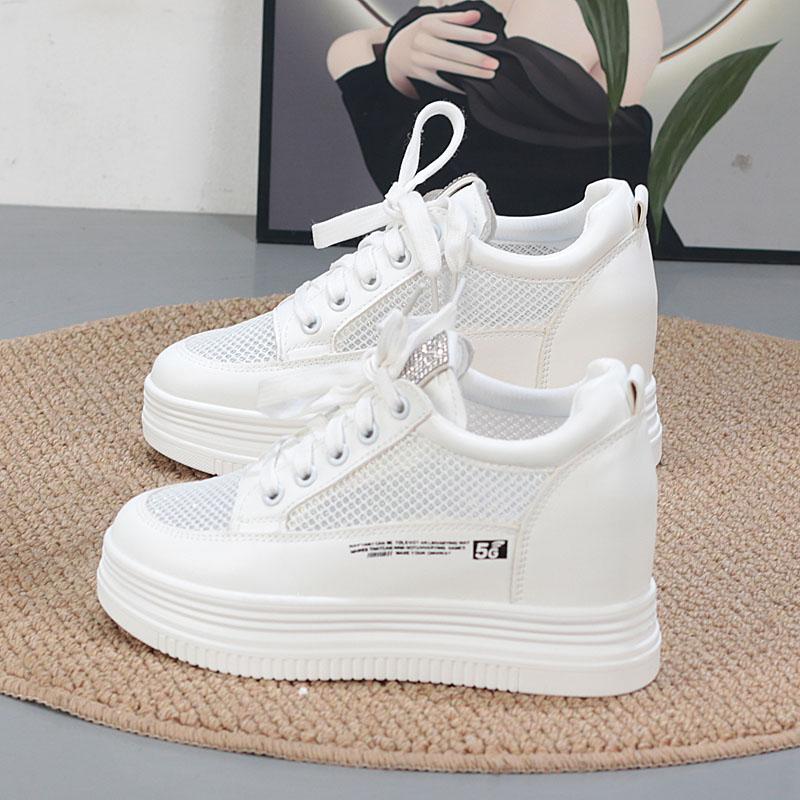 Fashion 7CM Genuine Leather Women Shoes White Skateboard Sneakers Platform Wedge Shoes Air Mesh Hollow Breathable
