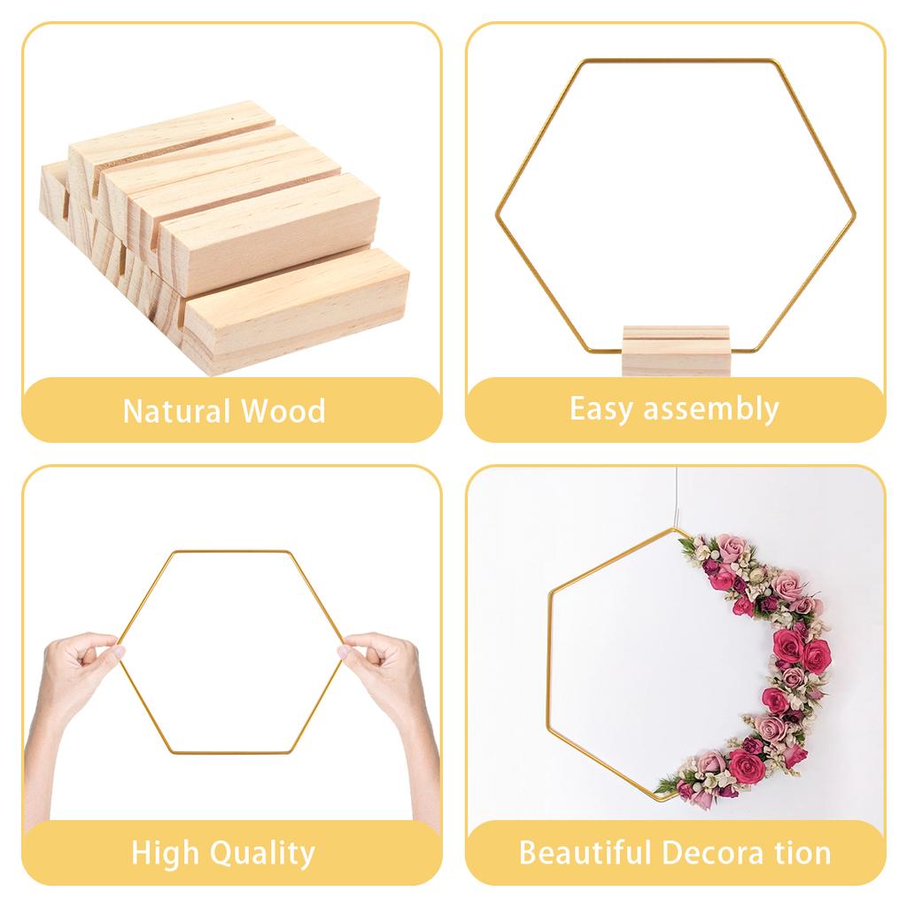 Hexagonal Metal Floral Hoop Wreath Macrame Round Metal Hoop Rings with Wooden Base Centerpiece for Wedding Table Decoration