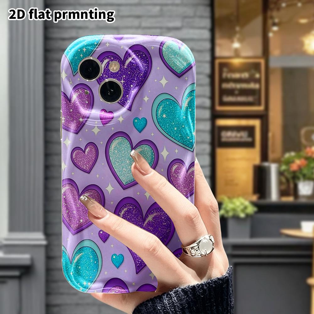 Phone Case: 2D Flat, Suitable for iPhone 18 17 16 15 14 13 12Pro Protective Case, Phone Decoration, Purple-blue Glitter Heart, Halloween and Christmas