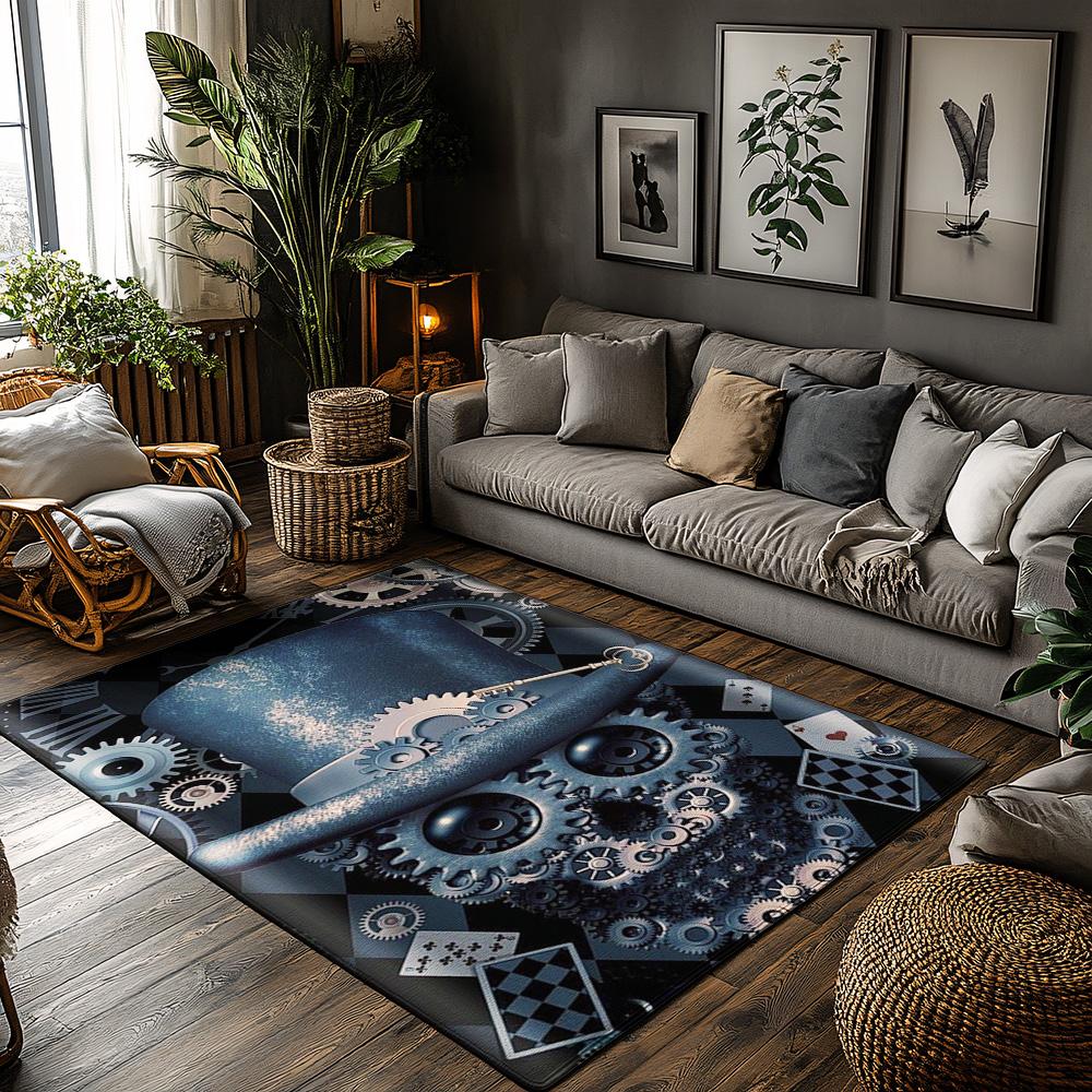 

Steampunk Skull Pattern Rug, Blue Gold Gear Design Carpet, Bohemian Living Room Mat with Vintage Decor, Non-Slip Sofa Accent 50x80cm