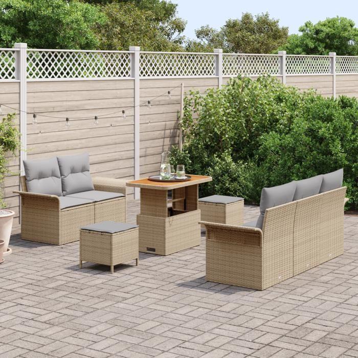 Ensemble de Canapé de Jardin 8 Pièces avec Coussins Beige Rattan Acacia, Canapé de Jardin 2 Places avec Rangement 3364032