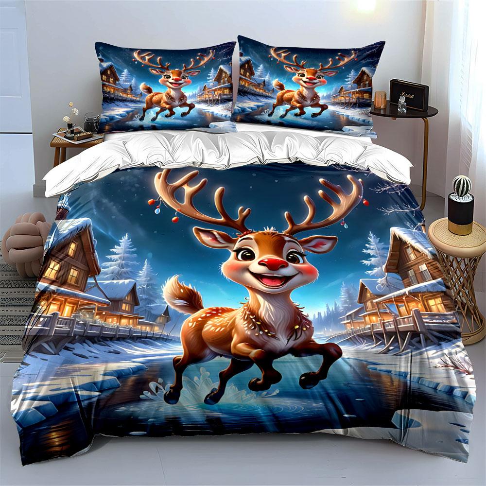 Cute Winter Reindeer Cabin Printed Bedding Set Kid'S And Adults' Bedroom Decor, Exquisite Three-Piece Bedding Set Gift