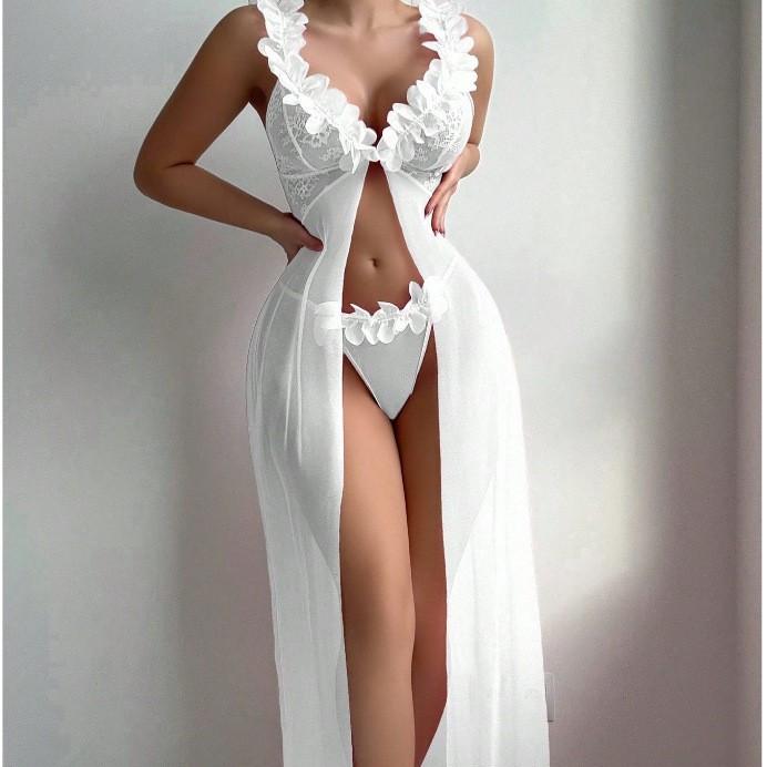 Europe and the United States popular flower suspender long skirt perspective mesh sexy underwear lace thong women