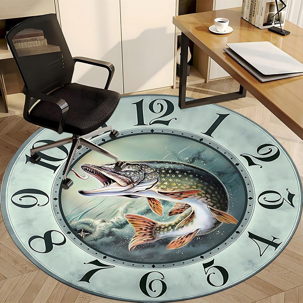 1pc Fish Clock Office Round Area Rug, Indoor Mat Suitable For Office, Under Office Chairs Bedroom Living Room Home Decor, Room Deco, 096