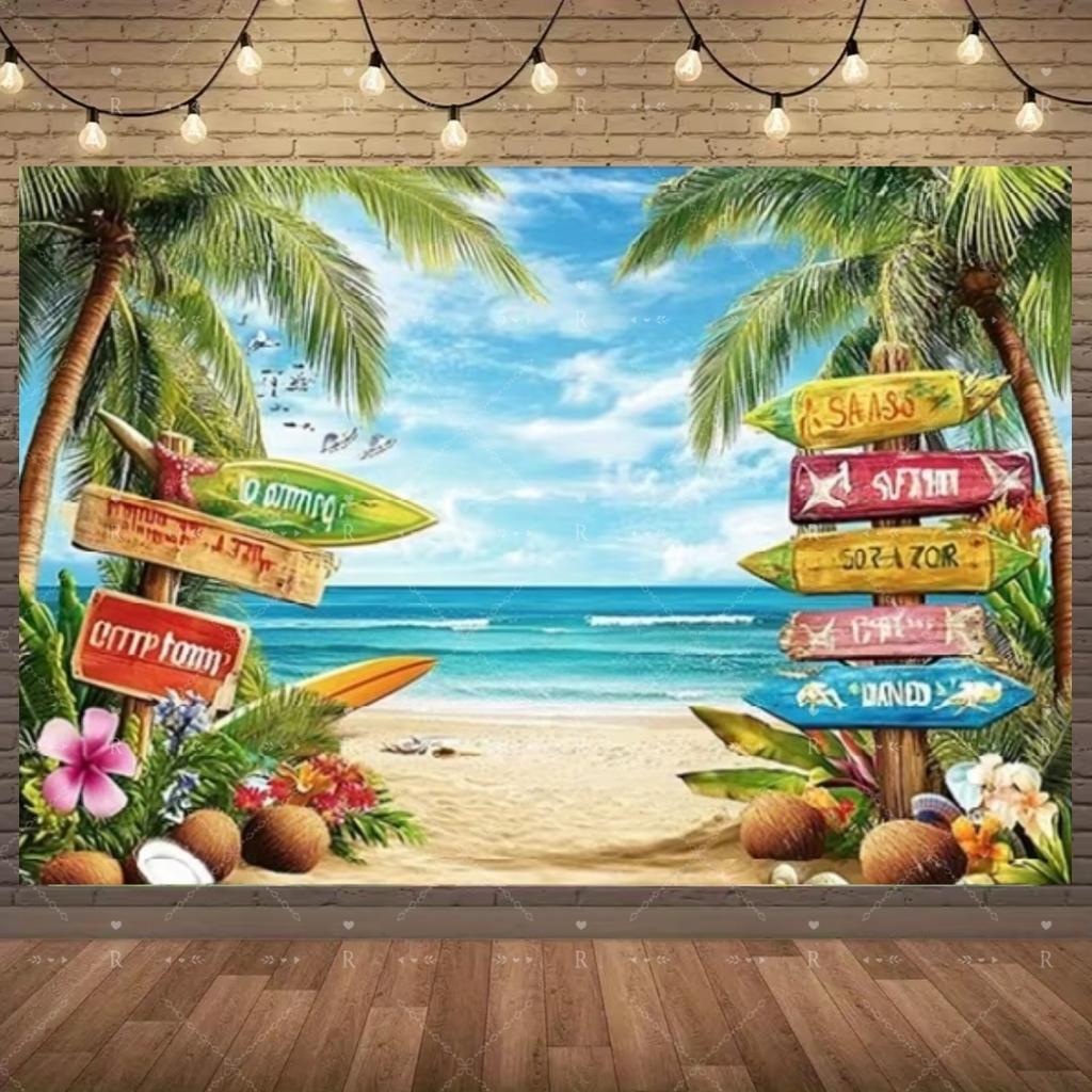 Summer Beach Holiday Party Decoration Backdrop Sunshine Flamingo Ocean Surfboard Portrait Photography Background Props Banner