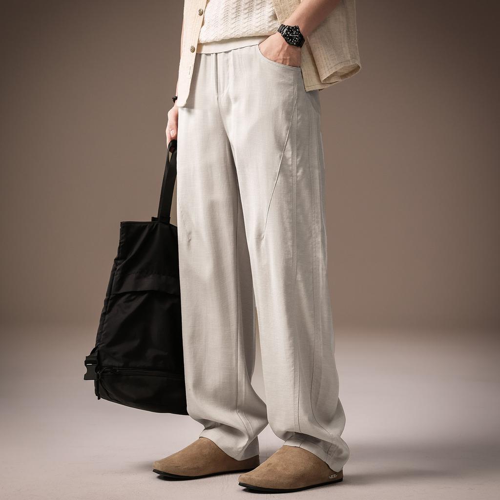 High-end old money Fengtencel linen drape casual pants men's summer thin splicing loose straight wide-leg pants