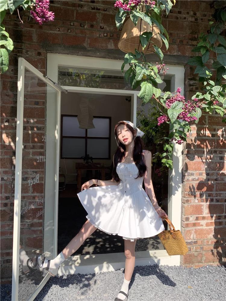 Pure White Moonlight Camisole Dress - Flattering Korean Style for Petite Girls, Sweet Waist-Cinched Short Skirt