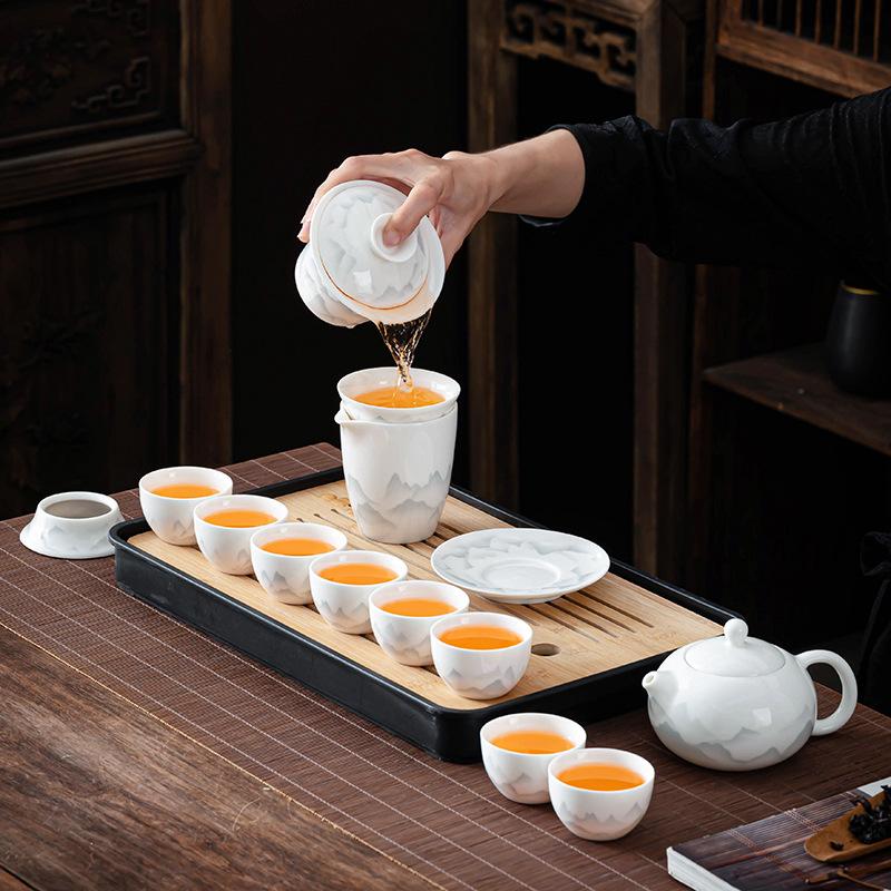 Ink Suet Jade Kung Fu White Porcelain Set High-end Tea Set Household High-end Teapot