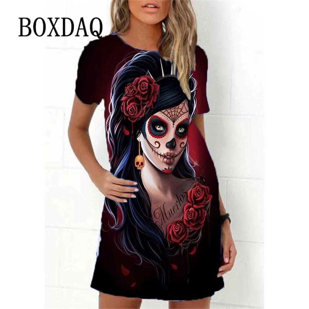 Mode Totenkopf 3D-Druck Damenkleid Lustiges Horror-Muster Lässiges A-Linien-Kleid Sommer 2026 Neu Kurzarm O-Ausschnitt Damen Sommerkleid
