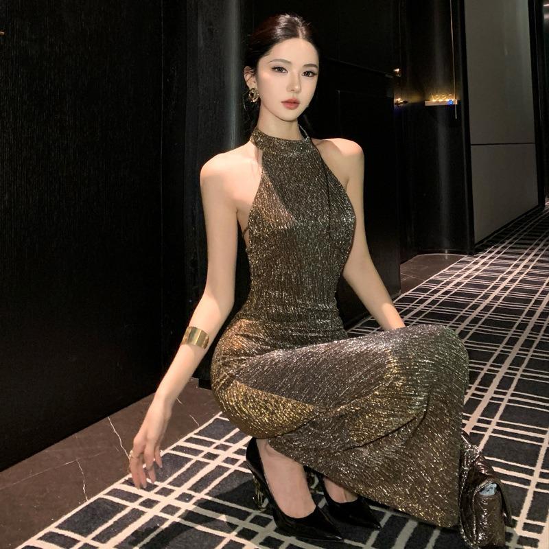 Sexy Femme Fatale Imported Gold and Silver From Korea, New Chinese Neck Top Backless Dress