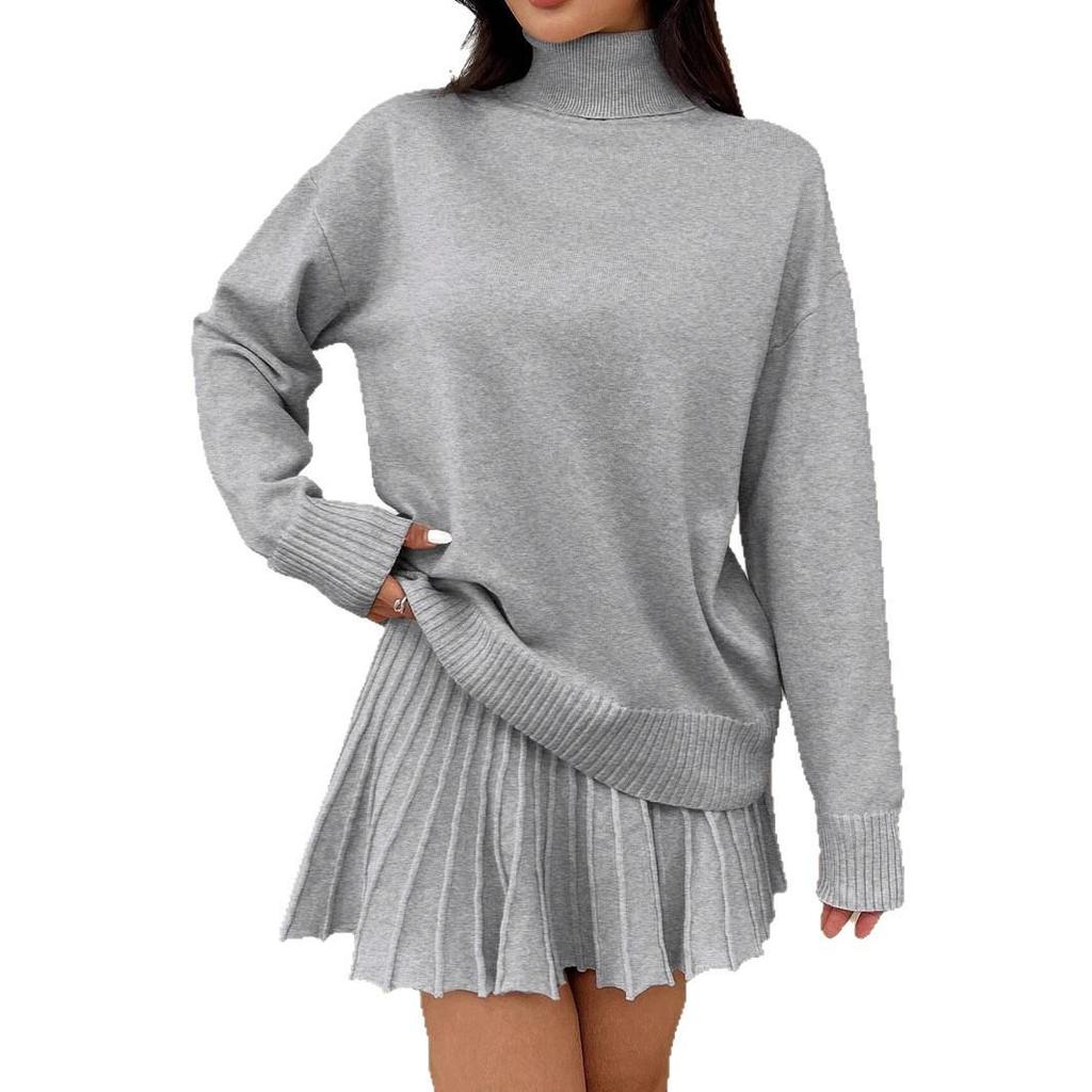 Women's Elegant Two-Piece Set: Turn-Down Collar Knitted Sweater & Pleated Skirt.