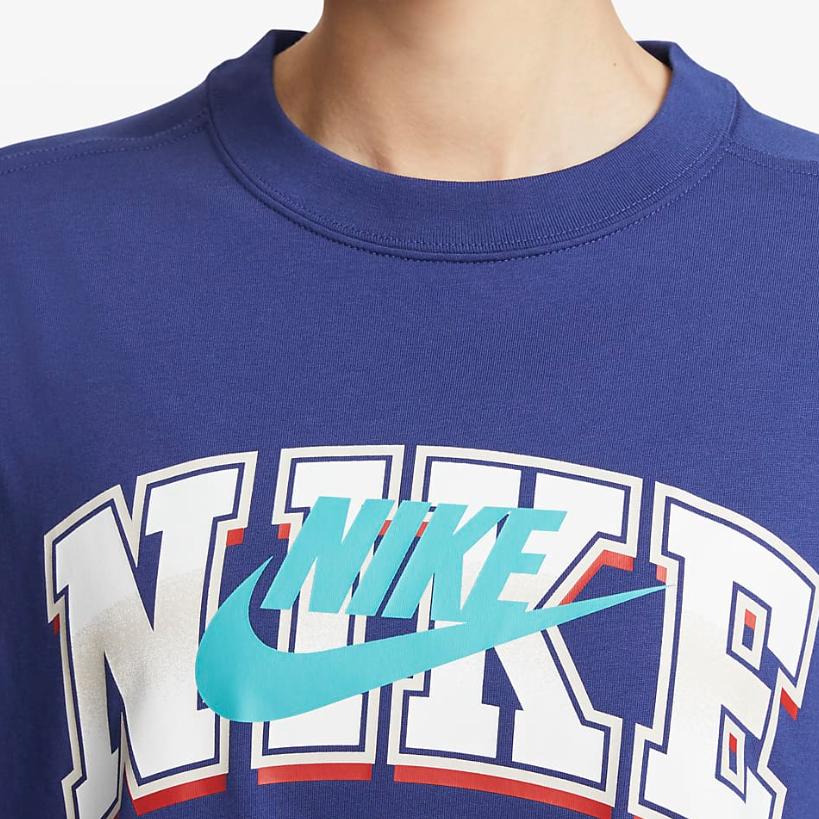 Nike Sportswear Letter Logo Print Loose Short Sleeve Drop Shoulder T-Shirt Women Tops Fitness-Blue FQ7011-431