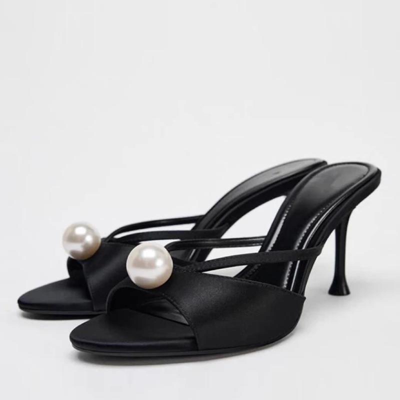 

Fashion Elegant Pearl Decorative Design Brand Slippers Women Fashion Round Toe Narrow Band Slide Sandals Sexy Open Toe High Heel Sandals 40 чёрный