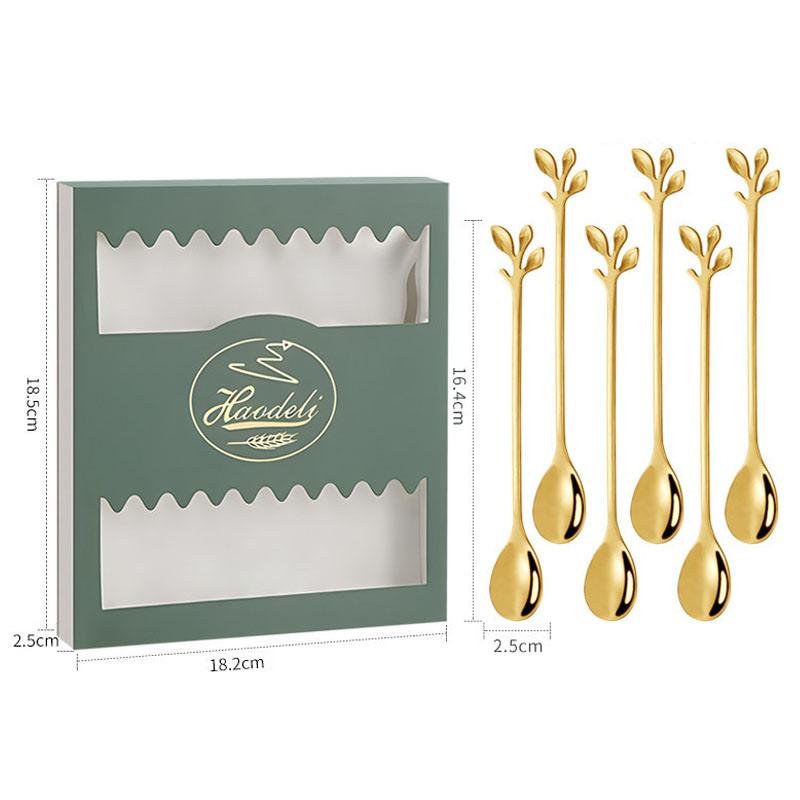 6PCS/Set Stainless Steel Gold Leaf Coffee Spoon 16.4cm Ice-Cream Tea Stirring Spoons for Tea, Coffee