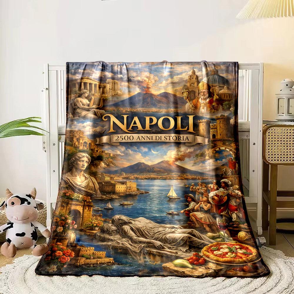 The picture depicts Naples' history with Mt. Vesuvius, art, music, and cuisine. for all seasons blanket lunch break throw gift