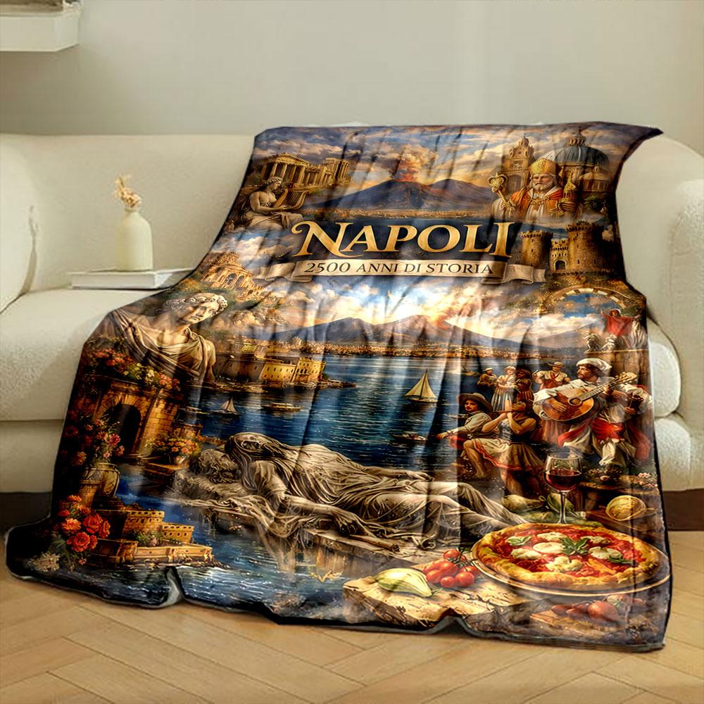 The picture depicts Naples' history with Mt. Vesuvius, art, music, and cuisine. for all seasons blanket lunch break throw gift