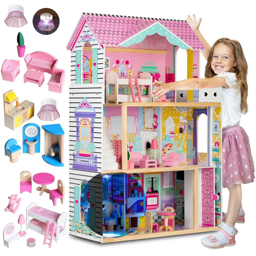 Large 3-story Wooden Dollhouse with an Elevator and LED Light