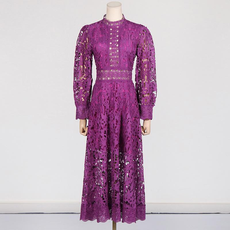 Retro Style Waist Embroidery Swing Dress Spring and Autumn Fashion Bubble Sleeve Dress Women's Medium Long Dress