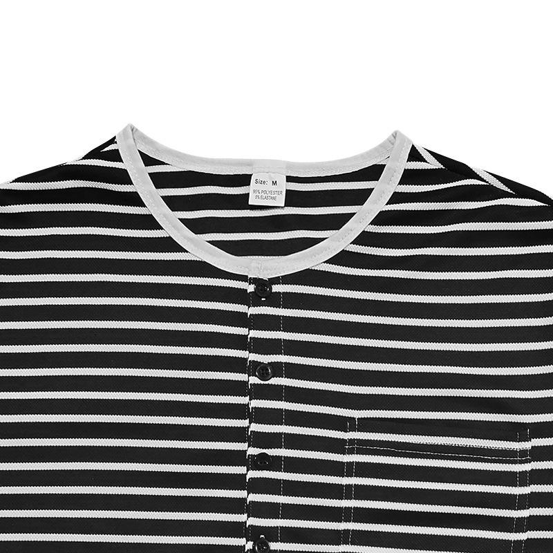 Herren gestreiftes Henley-Shirt Langarm Freizeit Knopfleiste V-Ausschnitt T-Shirt