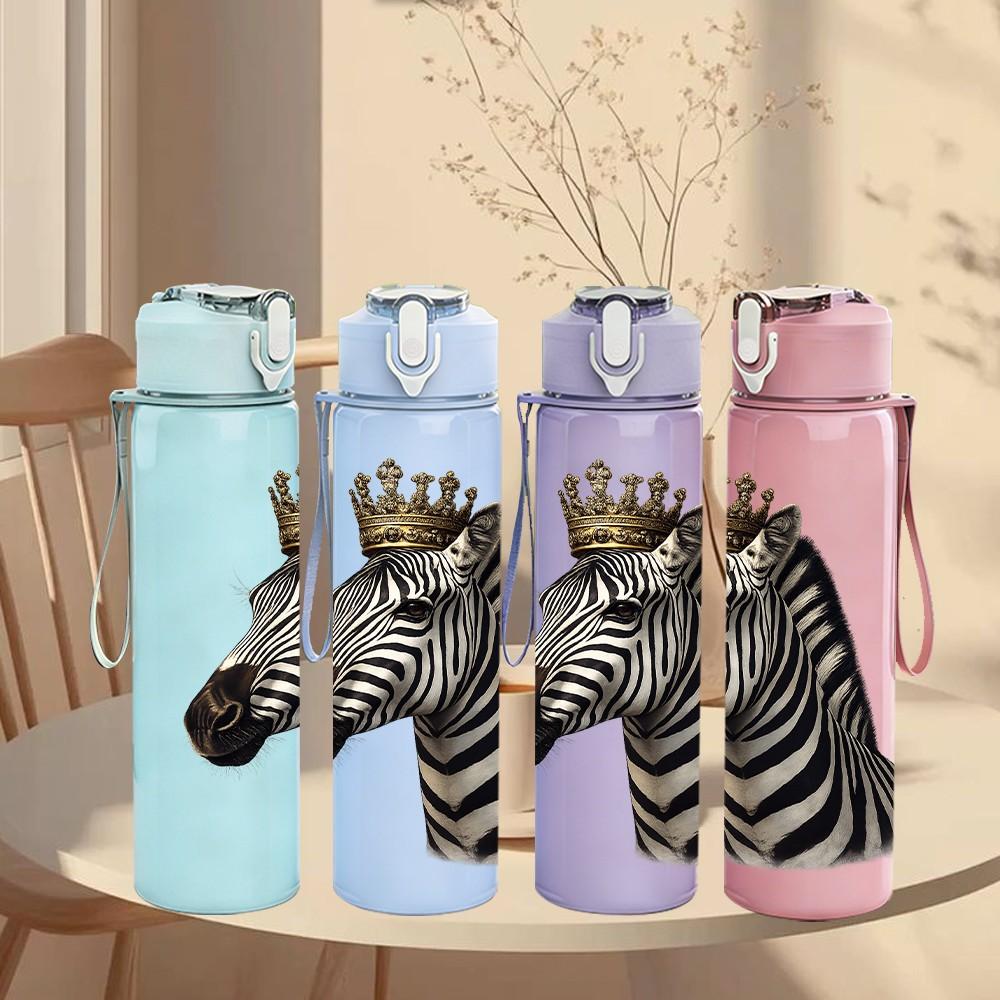 1PC Zebra With Crown Cute Animal Print 750ml Color Plastic Sports Water Bottle Leakproof Flip Straw Lid Suitable for Sports Office Home Use