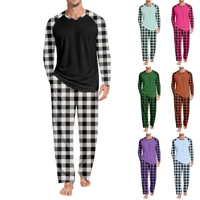 Herren kariertes Langarm-Oberteil mit Kragen und Hose Pyjama-Set Lässige Bequeme Nachtwäsche