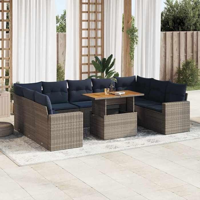 VidaXL Salon de jardin avec coussins 10 pcs gris résine tressée, ensemble de canapés d'extérieur, ensemble de canapé d'angle 3327085